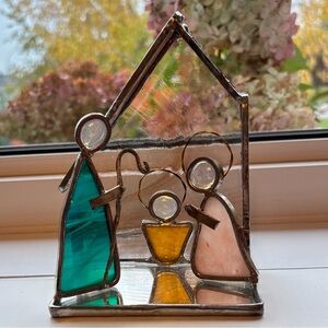 Vintage Stained Glass Nativity Scene Handmade Teal and Yellow Clear Mirror